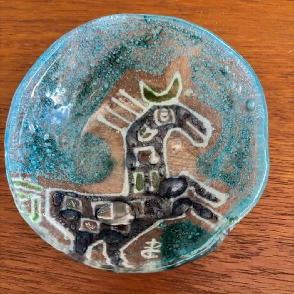 Small MCM Art Glass Trinket Bowl Brutalist Horse Design Signed AU